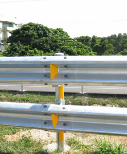 Close-up image of W-beam crash barriers.