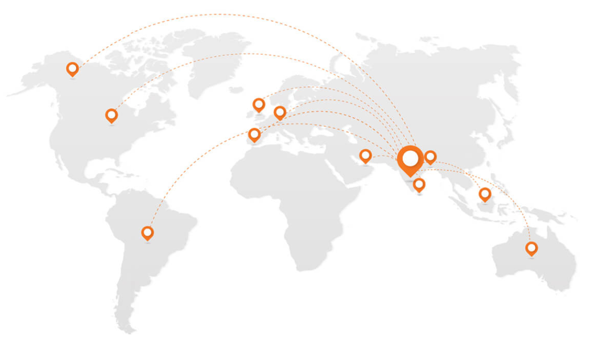 World map with continents, connection lines, and location pointers.