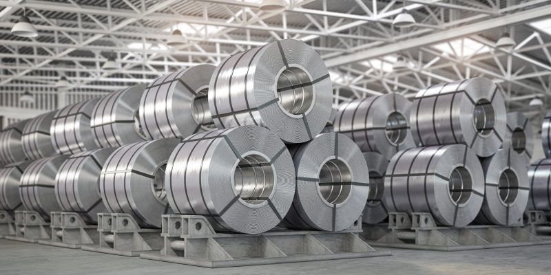 Rolls of galvanised steel ready for shipping are stacked in a factory warehouse.