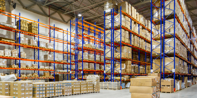 Interior of a modern warehouse storage with pallet racks.